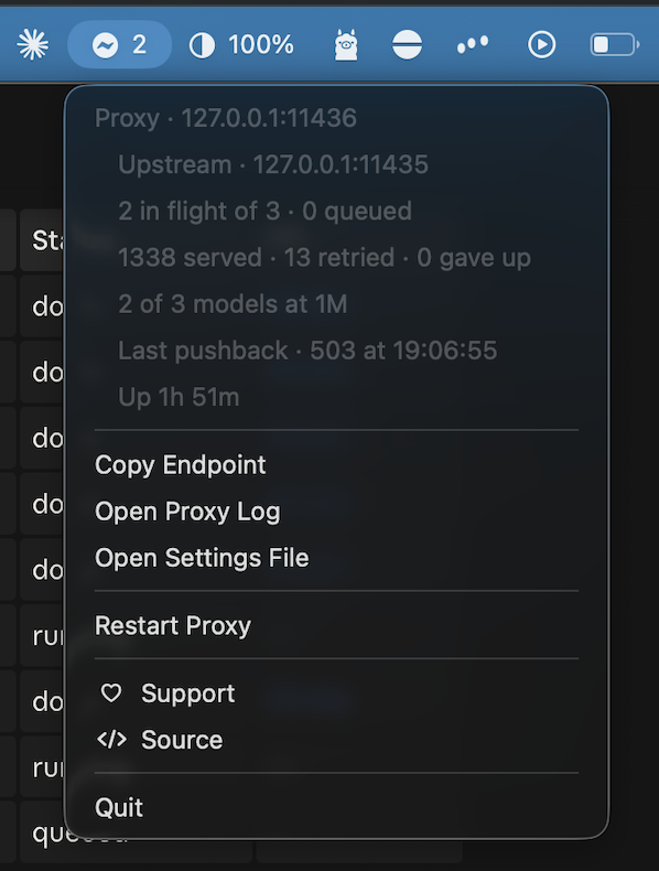 Claude Ollama menu-bar request and model status